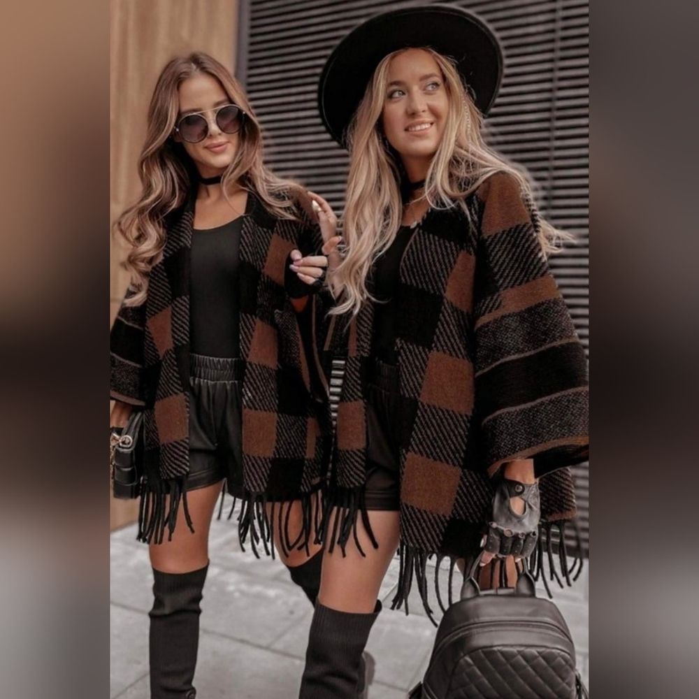 Estee Brown Checked Tassel Hem Open Front Boho Cardigan Sweater Poncho One SIZE